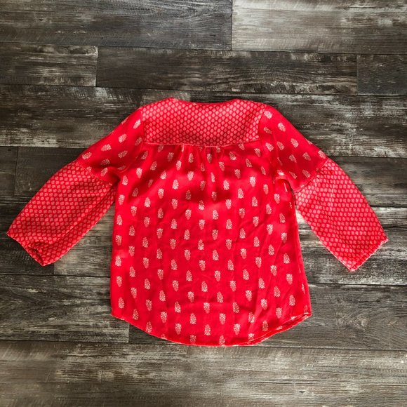 Lucky Brand XS Peasant Blouse Bright Red Chiffon Printed Bohemian Cowgirl - Picture 7 of 7